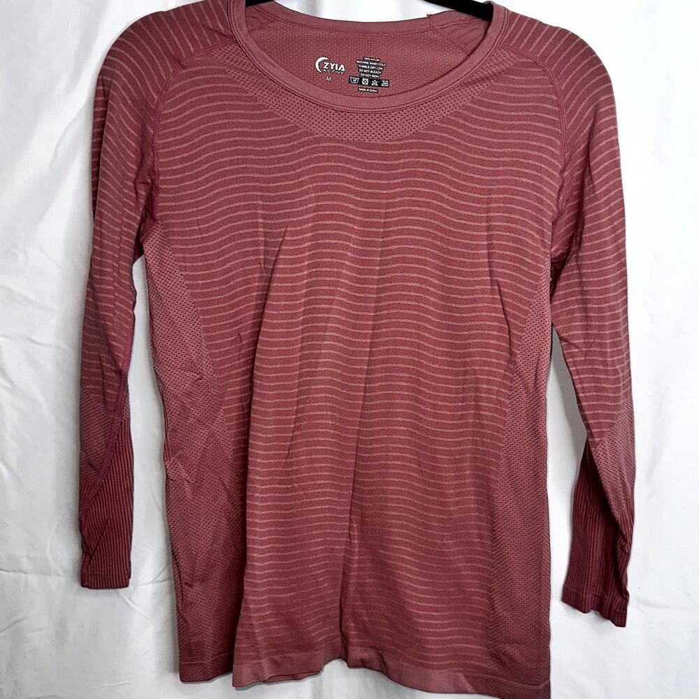 Zyia Active Womens Size Medium Mauve Stripe Long Sleeve Yoga Workout Crew Neck